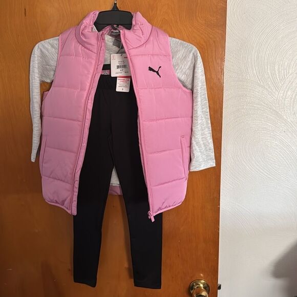 Puma Puffer Vest Girls Small Pink Tshirt Pants Outfit - Picture 1 of 6
